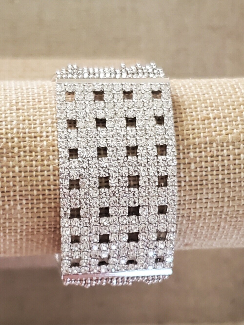 Sparkling Rhinestone Mesh Wide Cuff Bracelet | Silver Tone Statement Wristband - Picture 3 of 8
